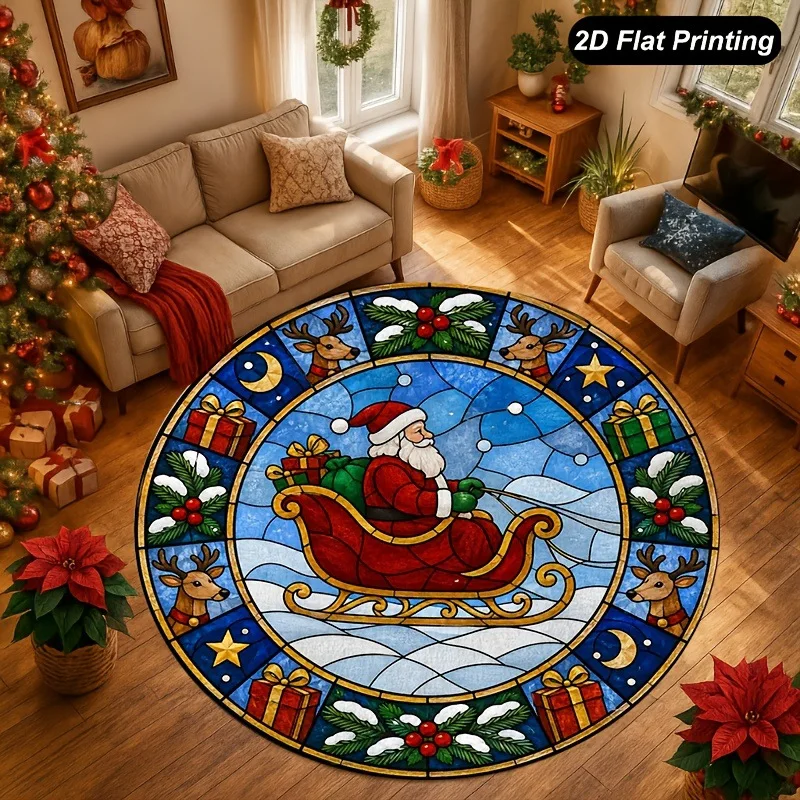 VIKAMA 2D Stained Glass Christmas Round Rug Santa Sleigh Reindeer Moon Blue Plush Non Slip Soft Washable Rug for Living Room