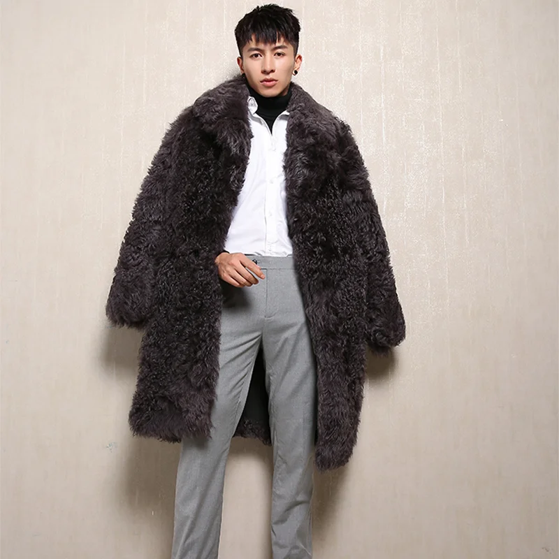 New Winter Men's Real Sheep Fur Coat Long Design Wool Overcoat Men Thick Sheepskin Leather Jacket Sherling Male Outerwear