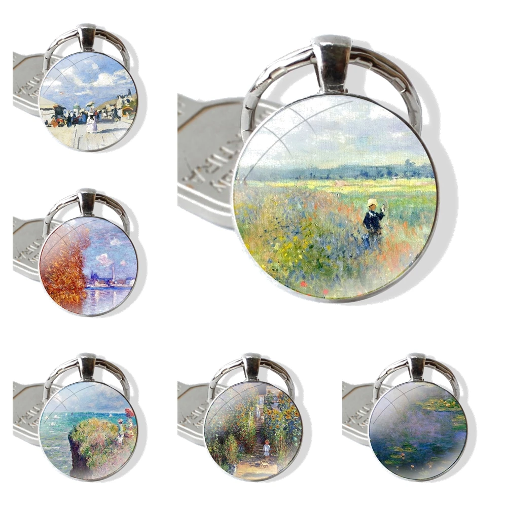 Claude Monet Oil Painting Sunflower Keychain Handmade Glass Cabochon Key Ring Holder Pendant Key Chains