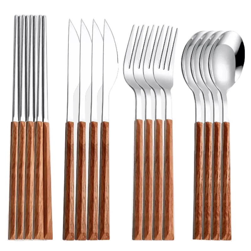 Luxury Tableware Set Korean Stainless Steel Dinnerware Set High Quality Chopsticks Knife Fork Spoon Set Wood Handle Cutlery Set