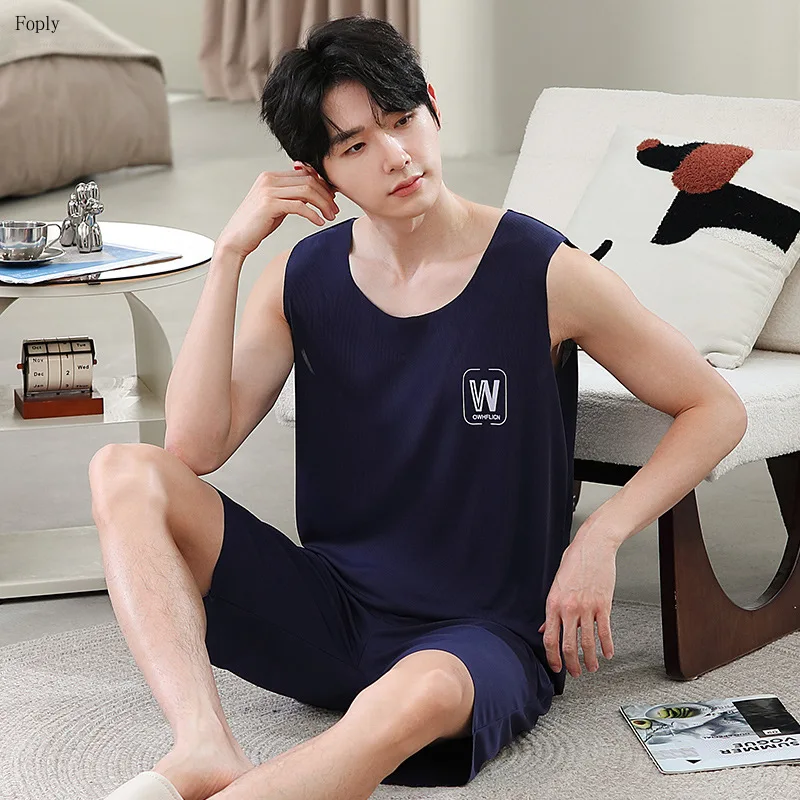 

Big Size 4XL Men's Pajamas Set Summer Ice Silk Ribbed Sleepwear Sleeveless Vest Shorts Loungewear Casual Loose Homewear Suit