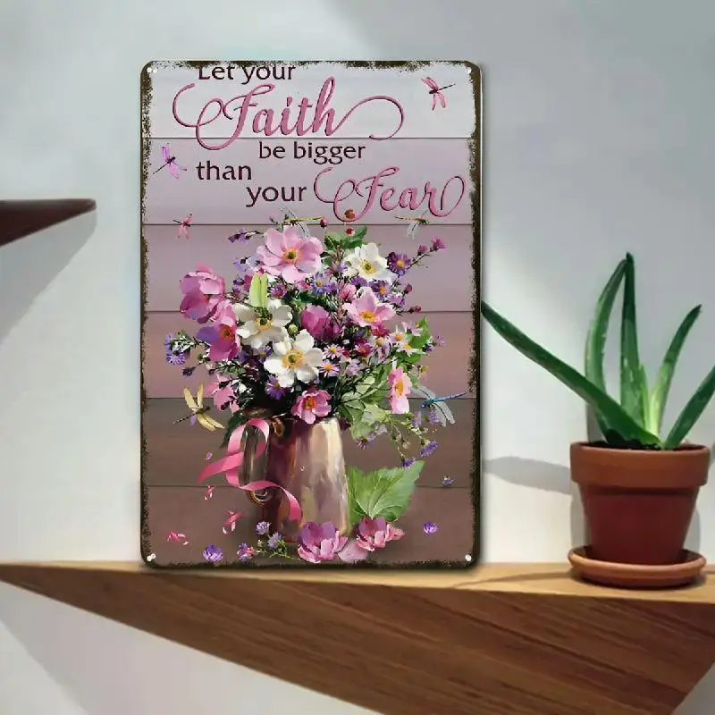 Vintage Metal aluminum Sign Featuring a 2D Flat Design That Encourages You to Let Your Faith Surpass Your Fears. Ideal for Home