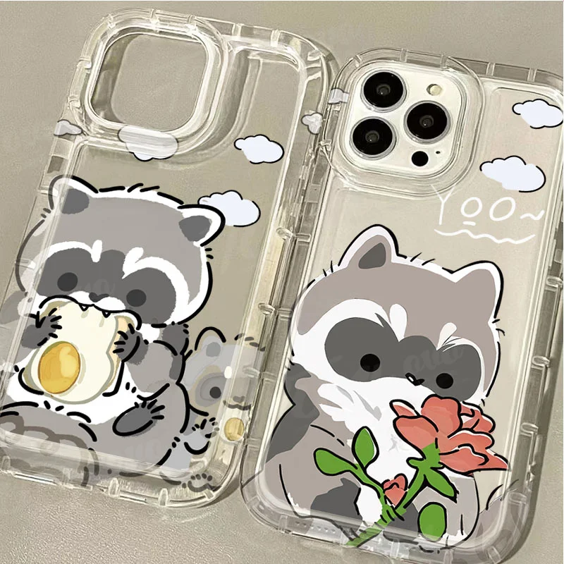 Lovely Little Raccoon Case For iPhone 16 15 14 13 12 11 Pro Max XS X XR 8 7 Plus SE 2020 Clear Silicone Printing Protective Capa