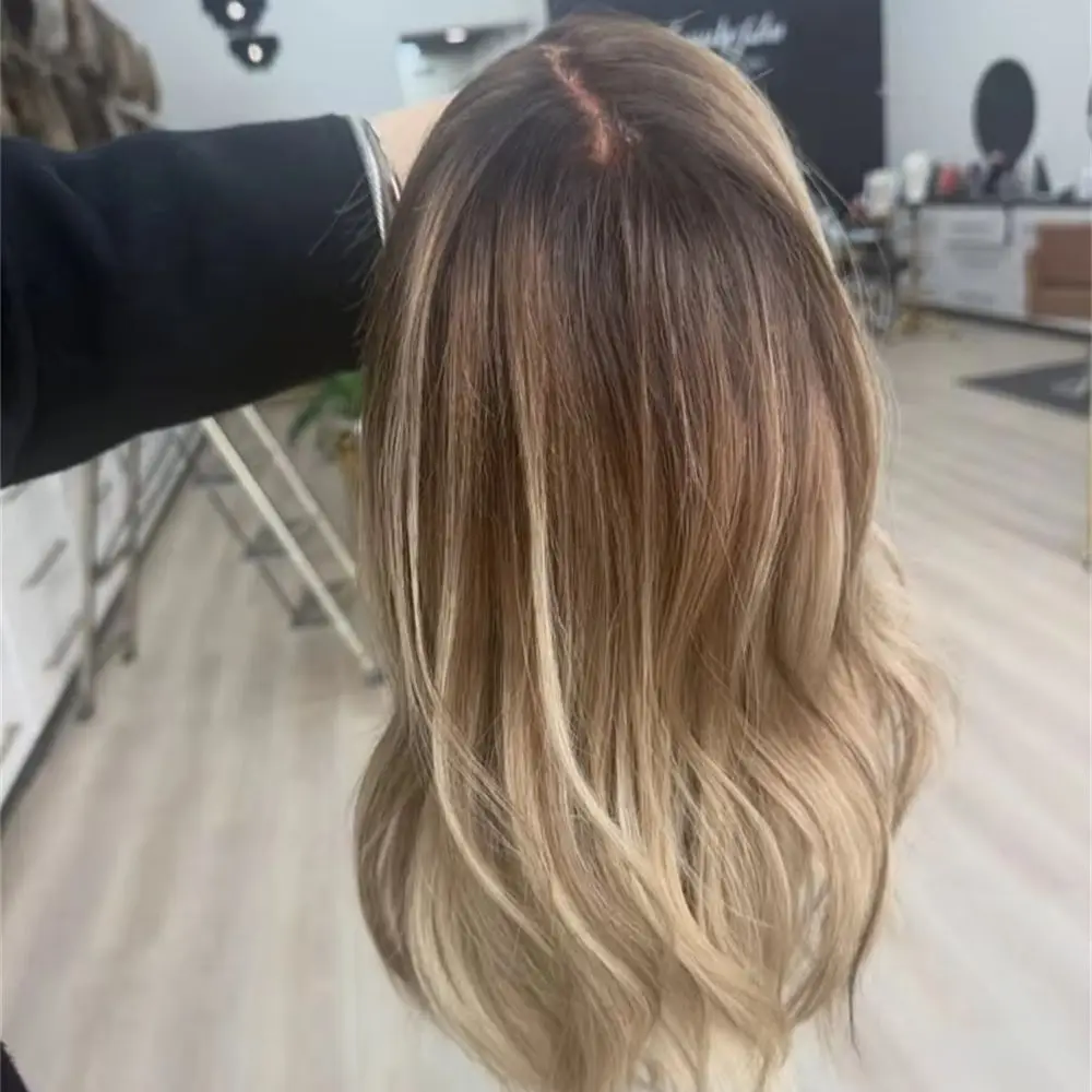 Short Wavy Blonde Highlight Synthetic Lace Front Wigs 13x4 Dark Roots Ash Blonde Blend Human Hair Wig For Women Daily Use