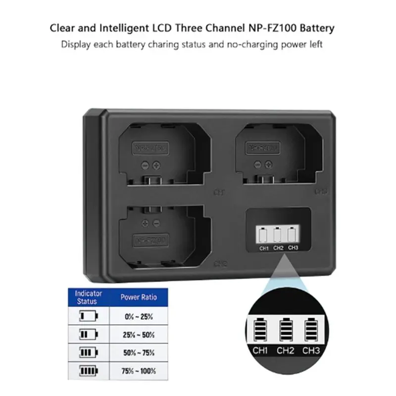 2025 New NP-FZ100 NPFZ100 Battery 3 Slot Charger for Camera Alpha A7R3 A6600 A6700 A7M3 ARR4 A7R4 A7R5 A7III ZV-E1 FX3