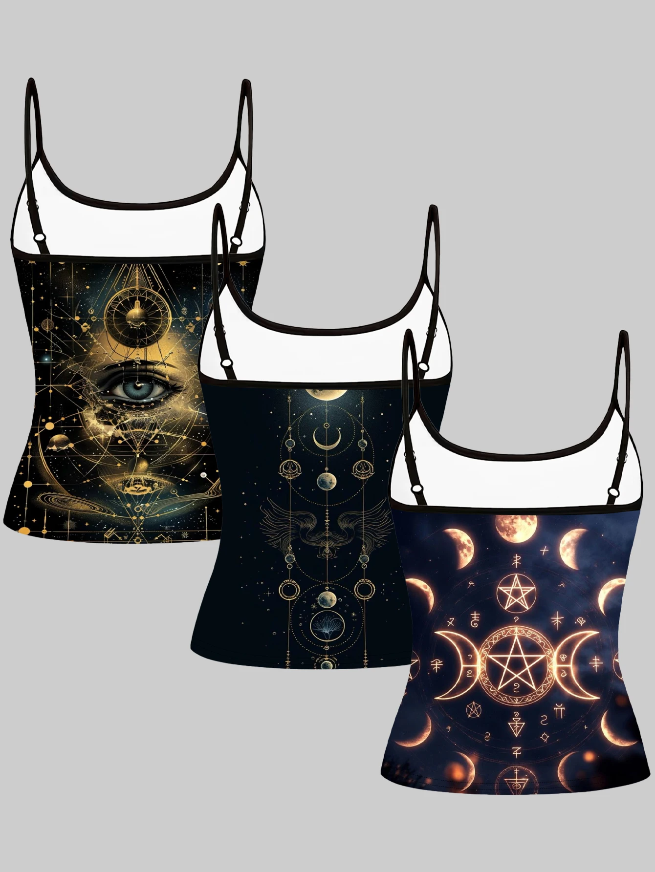 3-Piece Set of Mysterious Astrology Star and Moon Magic Symbol Printed Camisole Tops for Women, Dark Universe Celestial Body Slim-Fit Sleeveless Hot Girl Inner Wear Tops