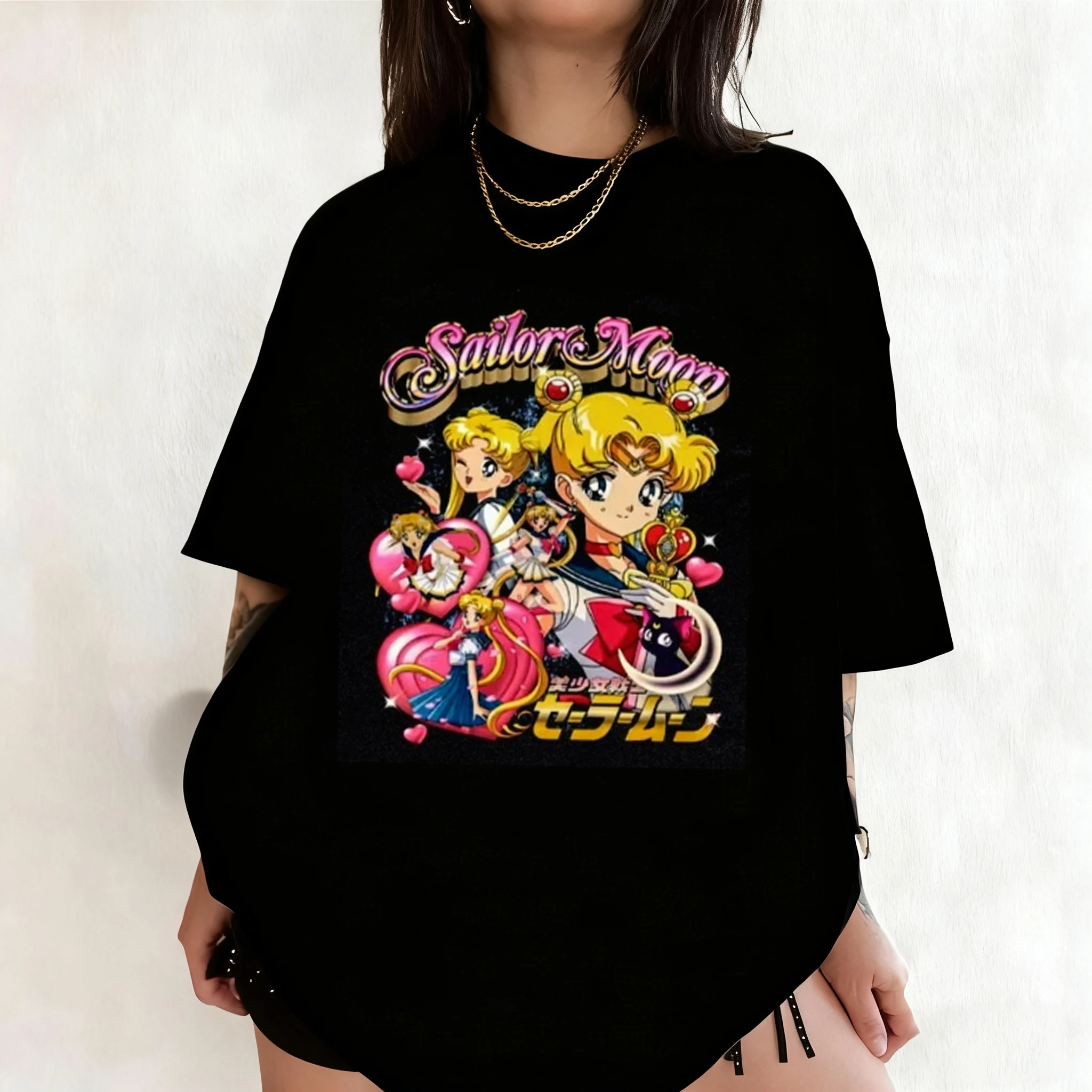 

Футболка с ретро-графикой аниме «Сейлор Мун» в стиле 90-х, летняя хлопковая футболка для мужчин и женщин, уличная одежда, повседневный тренд, с коротким рукавом, для пар, в стиле хип-хоп
