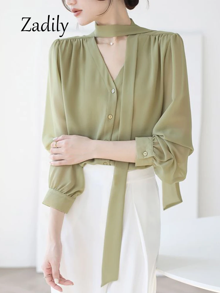 Zadily 2024 Summer Office Lady Women Chiffon Shirt Korea Style Bandage Button Up Ladies Blouse Long Sleeve Transparent Tunic Top