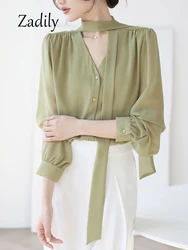 Zadily 2024 Summer Office Lady Women Chiffon Shirt Korea Style Bandage Button Up Ladies Blouse Long Sleeve Transparent Tunic Top