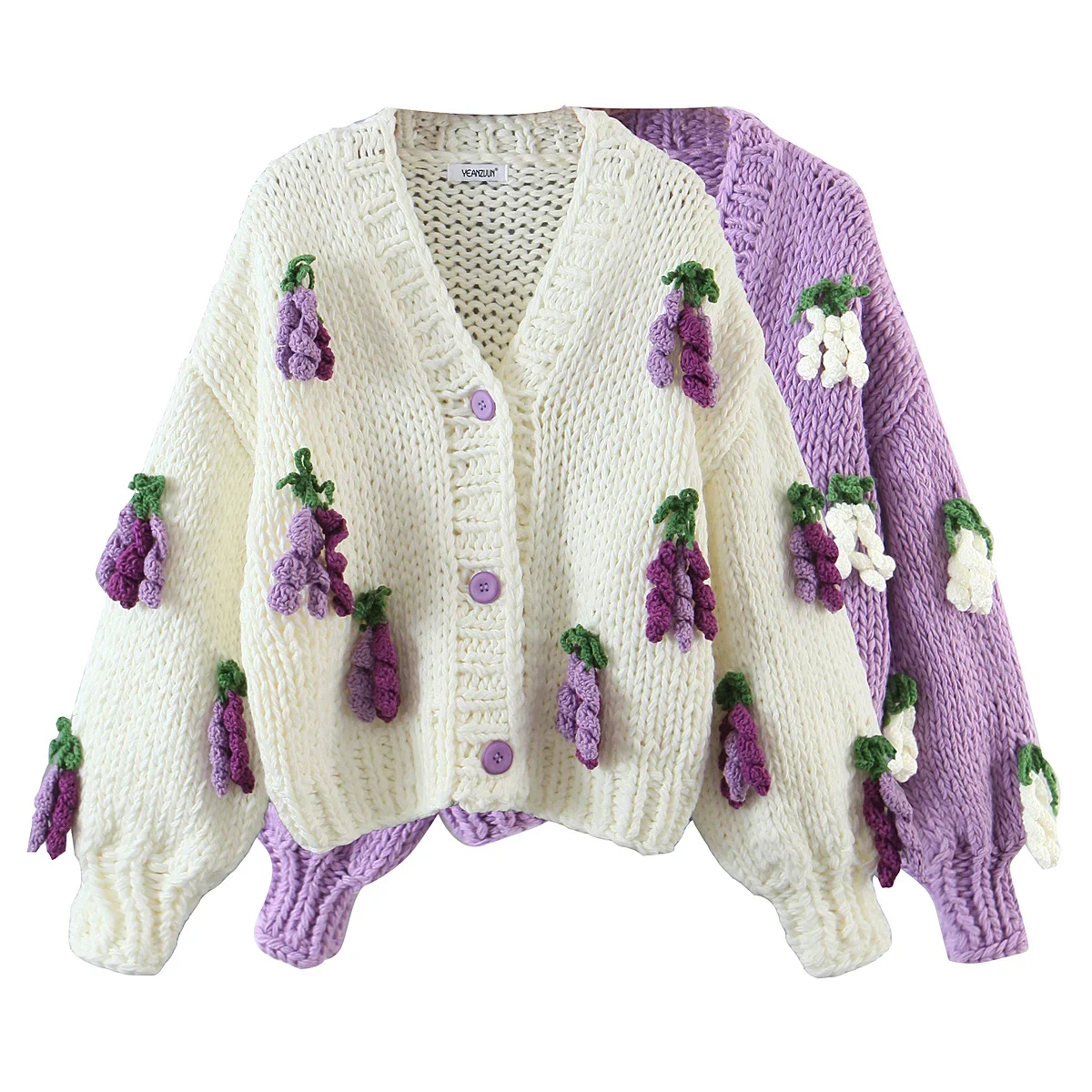 2 colorway oversized design grape pattern women casual loose hand knitted cute sweater cardigan