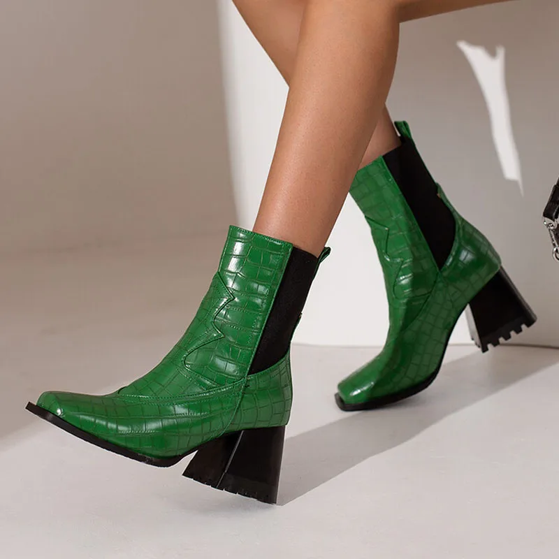 Botines de punta cuadrada para Mujer, zapatos de invierno de piel sintética para Mujer, botines informales de tacón medio, Botas elásticas de moda para Mujer WSH4733