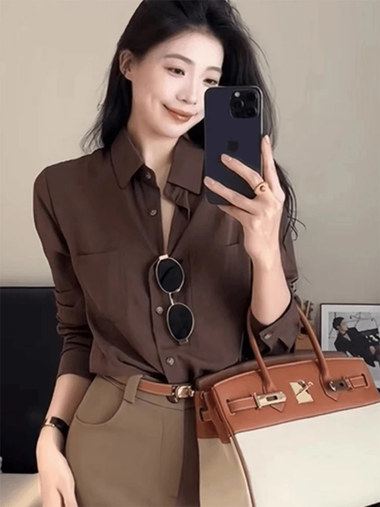 

Loose Long Sleeve Collar Shirt Women's Spring Autumn Vintage Coffee Color Workwear Shirt Layering Base Personality Top