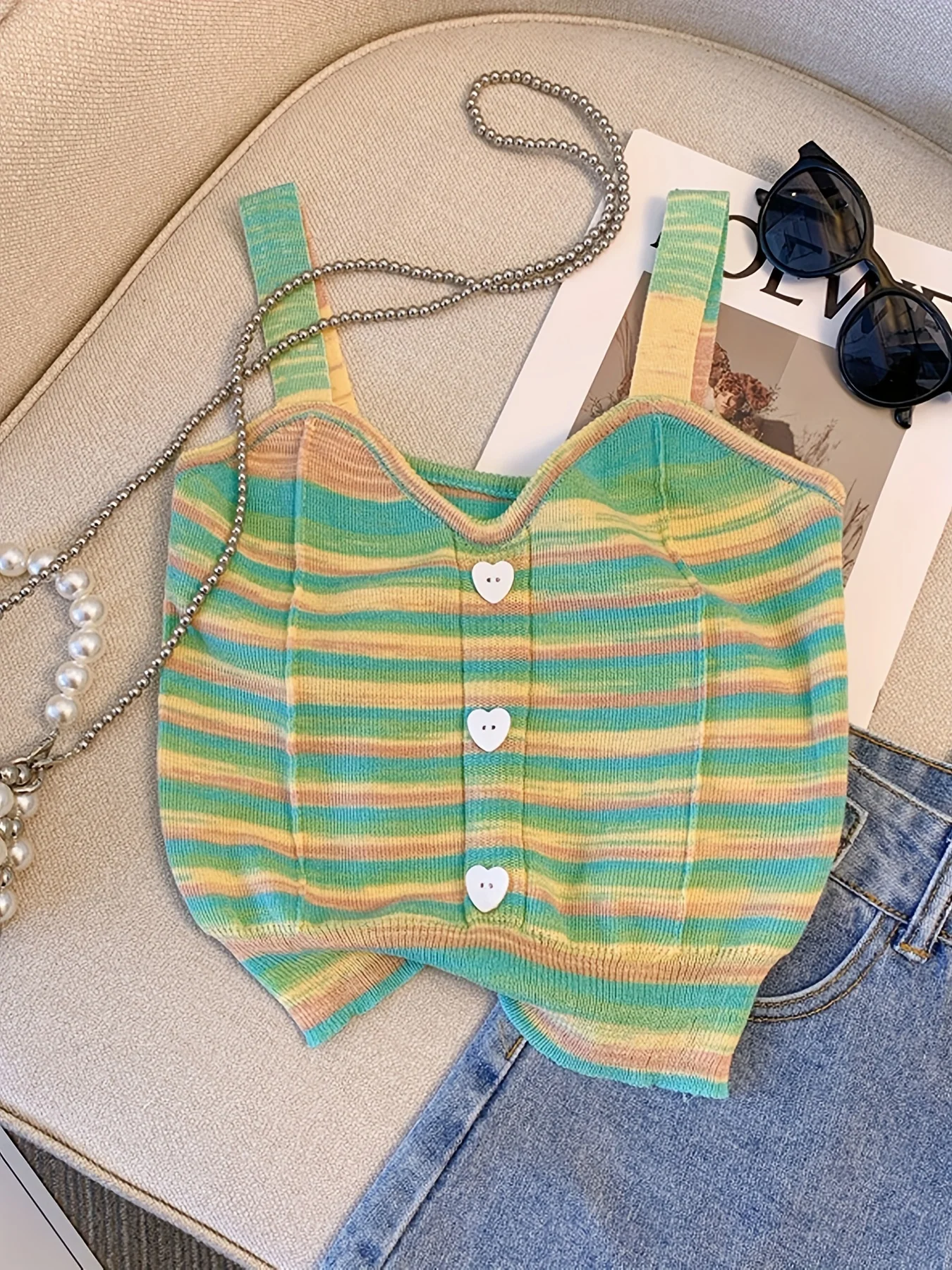 2024 New Summer Rainbow Striped Cami Top Buttons Casual Sweetheart Neck Sleeveless Top Women\'s Clothing