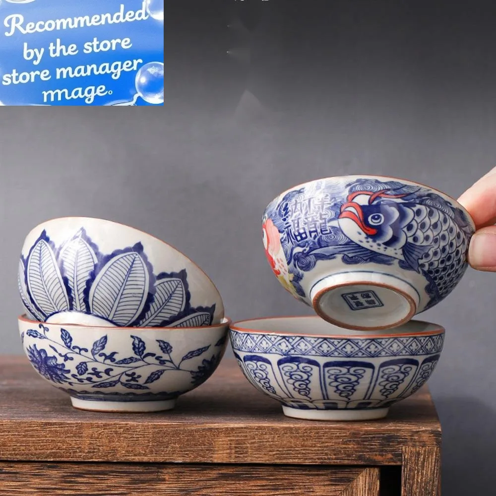 

70ml Blue and White Porcelain Tea Cups Retro Fish Dargon Master Cup Puer Tea Bowl Meditation Cup Chazhan Kung Fu Tea Drinkware