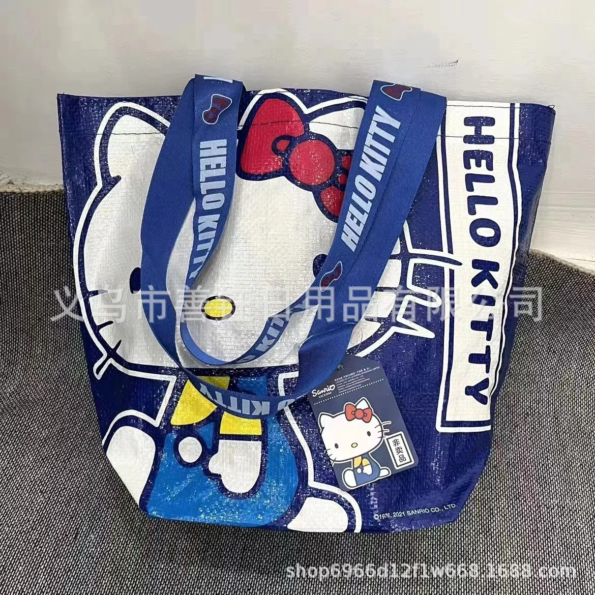 Super Kawaii Blue Hello Kittys Printed Shopping Nylon Bag Eco-friendly Hand-woven Bags One Shoulder Cute and Sturdy Storage Bag