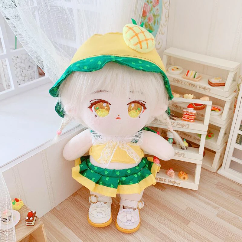 Cute Doll Clothes Set for Pineapple Bikini, Fisherman Hat, Kawaii Cotton Plush Doll, Dressing Up Games, Kids Girls Gifts, 20cm