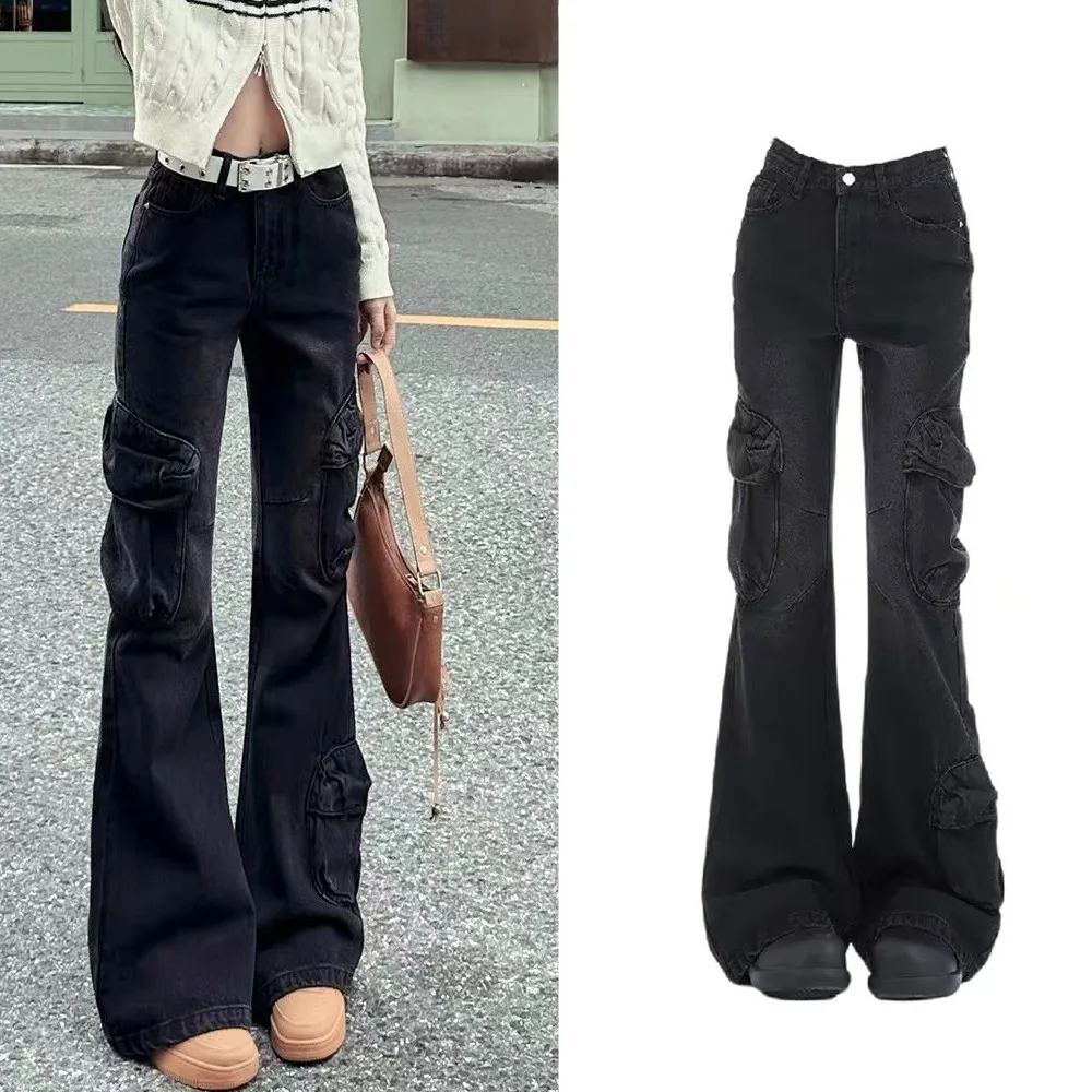 Retro American Flared Workwear Jeans Women's Autumn Winter New Sle Spicy Girl Multi ket High Waist Slim Straight Long Pants