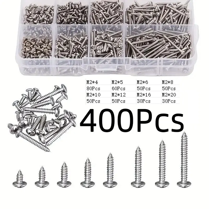 400/410PCS Boxed Metric M2 Carbon Steel Nickel-Plated Pan Head Phillips Self-Tapping Screw Assortment