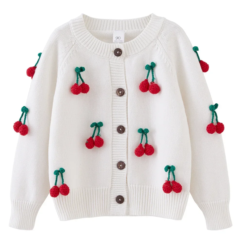 Childrens Sweaters Spring and Autumn 2024 Hand Hook Cherry Girls\' Knitted Cardigan Cotton Round Neck Childrens Sweater