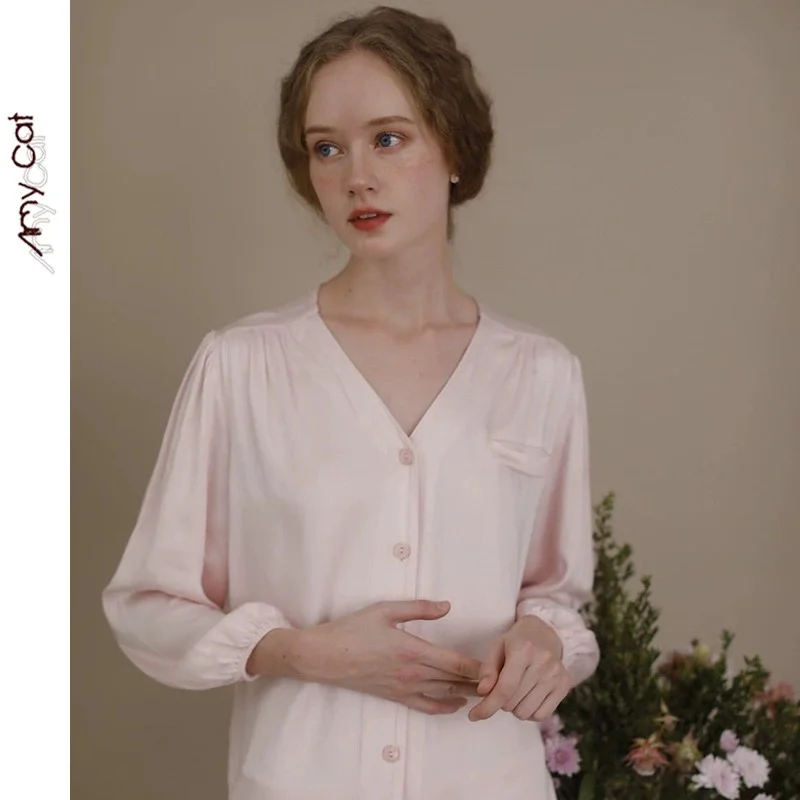 

Женский 4-сезонный пижамный комплект из хлопкового атласа в свежем стиле — одежда для дома с v-образным вырезом, однотонная, с длинными рукавами и длинными брюками