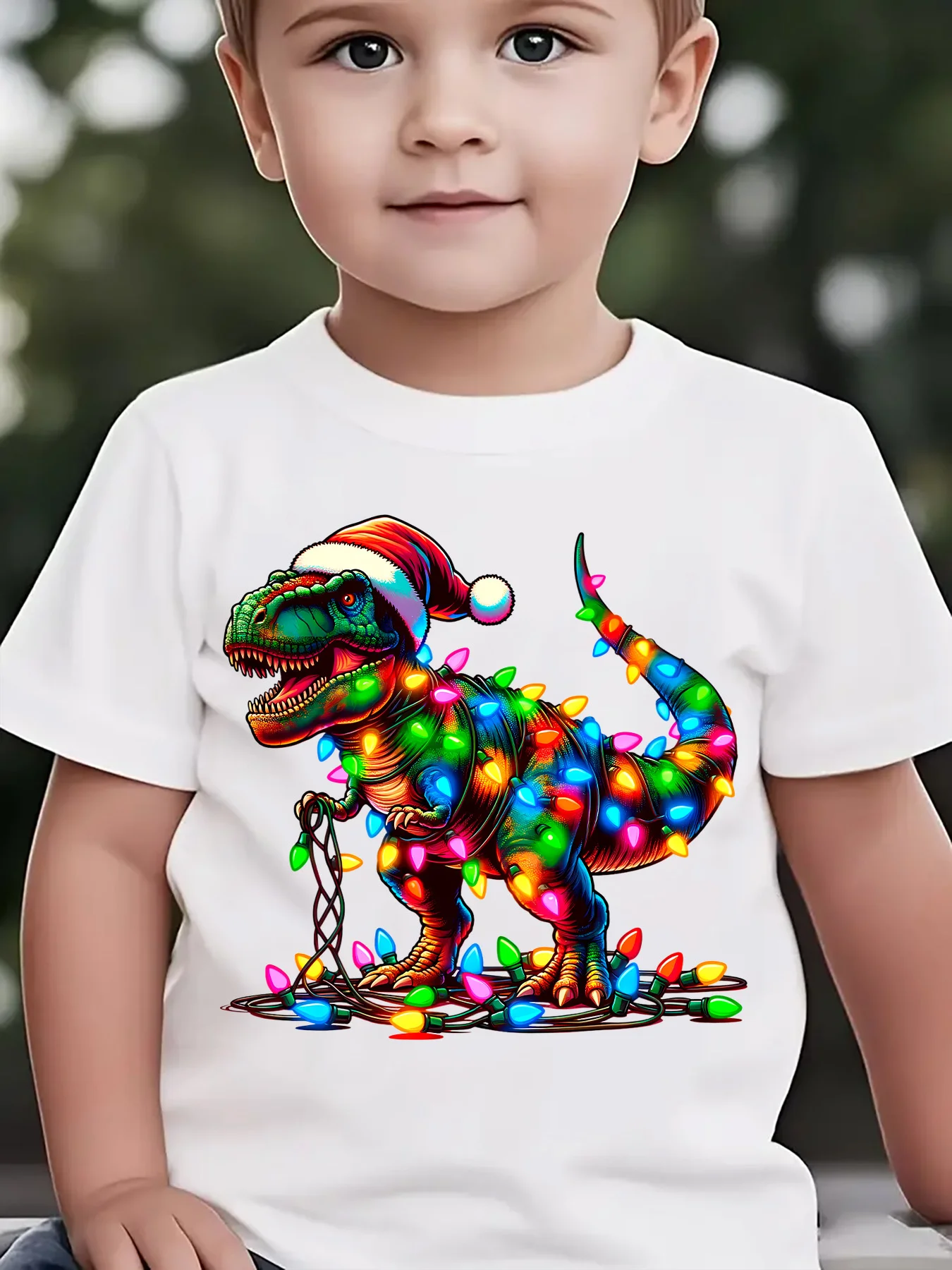 Kids Boys Girls Family Matching T Shirt Christmas Dinosaur T Rex Santa Hat Lights Graphic Print Short Sleeve Crew Neck Soft Tee