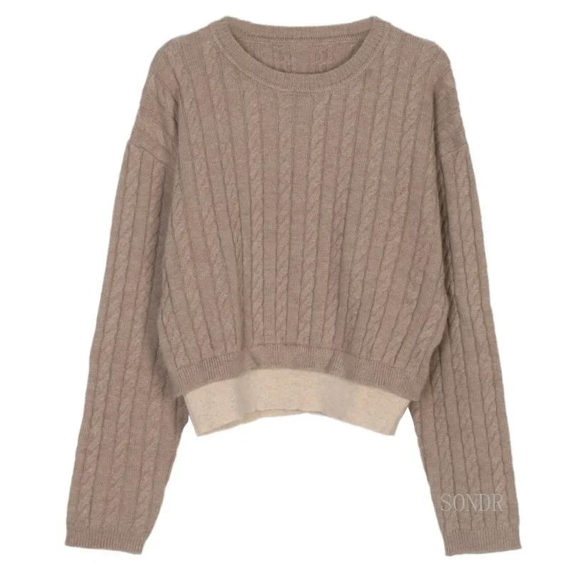 Fake Two-Piece Twisted Knitted Sweater for Women, Vintage Milk Tea Color, Wool, Bend Sweater, Retro O-Neck Pullover Jersey, Autu