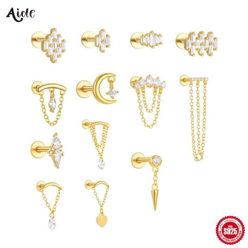 Aide 925 en argent Sterling 1pc carré CZ zircone Piercing boucles d'oreilles pour les femmes K or Simple élégant bijoux cadeau Pendiente