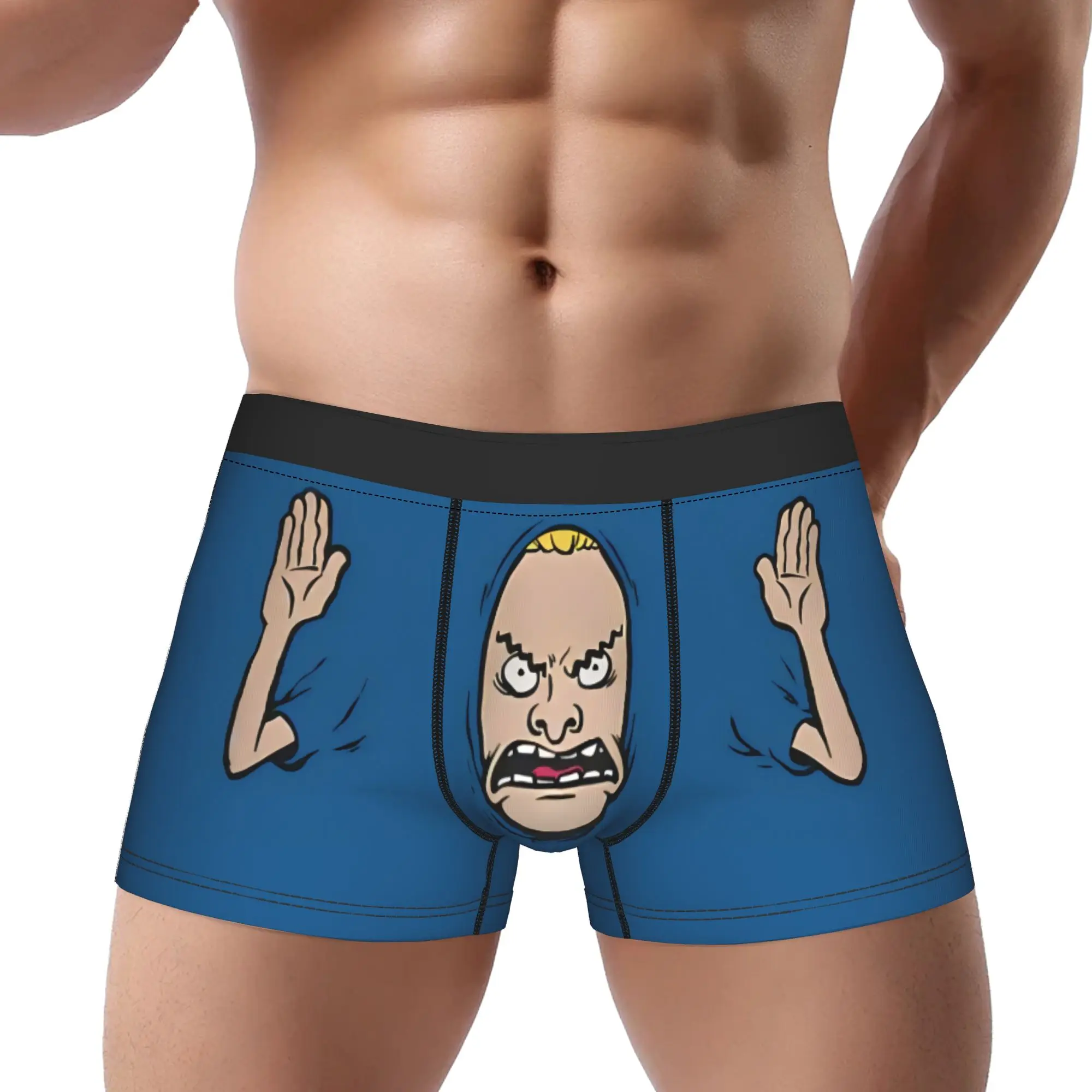 Blue with cute characters hands up Funny Underpants Breathbale Panties Male Underwear Ventilate Shorts Boxer Briefs