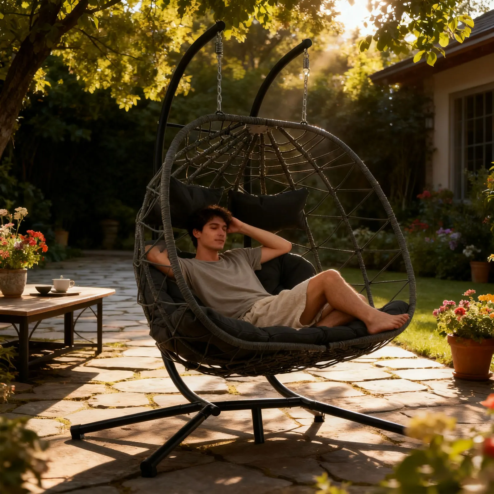 

Weather Proof Double Swing Hammock Chair - Dark Gray Egg Chair with Stand & Headrest for Indoor Outdoor Patio