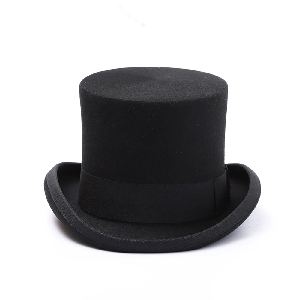 British Black Wool Felt Top Hat Men Big Head Satin Lined Cylinder Hat 14 cm