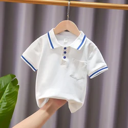 Summer Boys 2024 Korean Fashion Casual Sweat-absorbing Pocket Flip Collar Pure White/POLO Shirt/2-7 Years Old