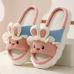 Cute Rabbit Plush Slippers Women Men Four Seasons Cotton Linen Slippers Winter Platform House Slippers Non-Slip Floor Mute Shoes