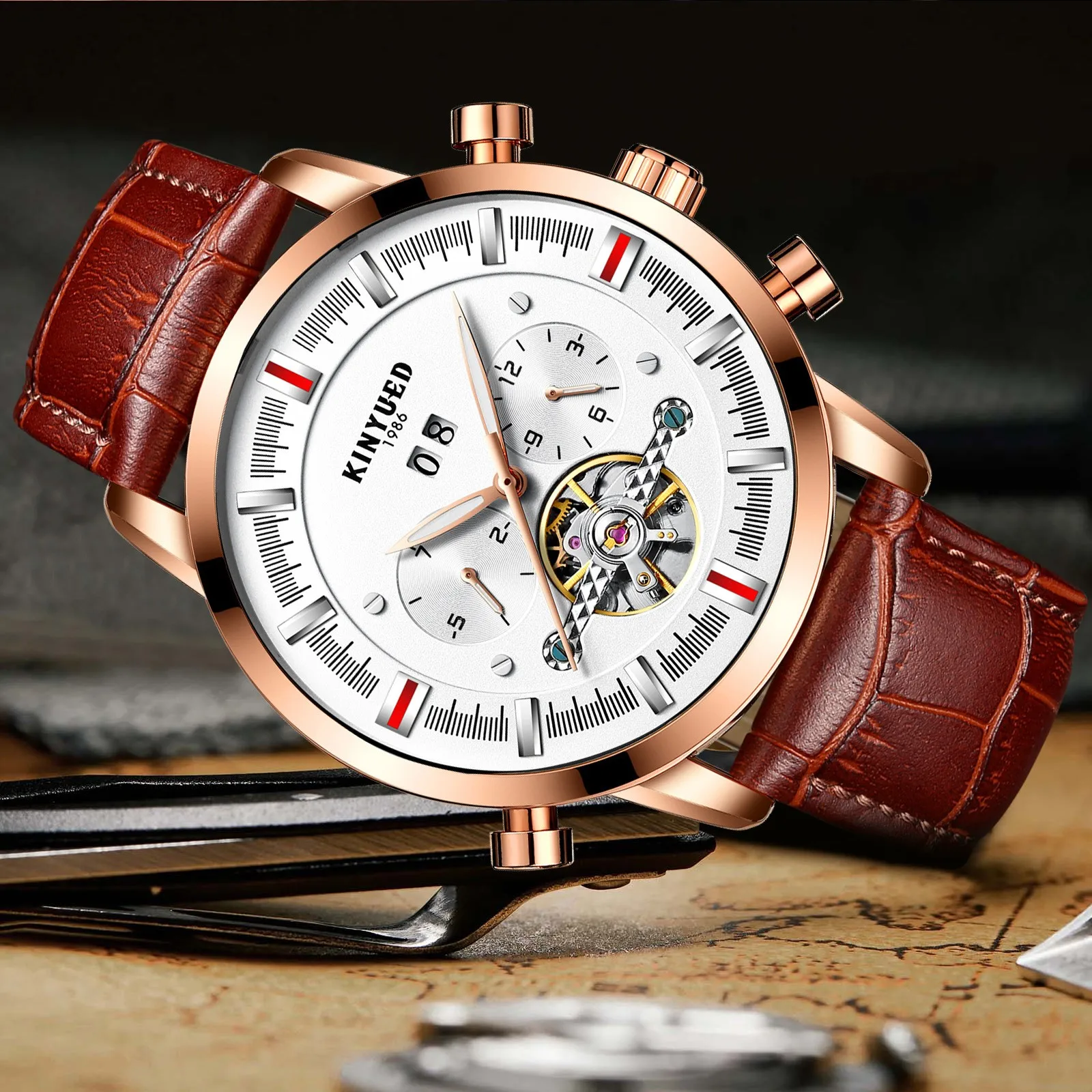 ساعة ميكانيكية متعددة الوظائف من KINYUED، ساعة أوتوماتيكية للرجال، ساعة ميكانيكية، ساعة رجال الأعمال