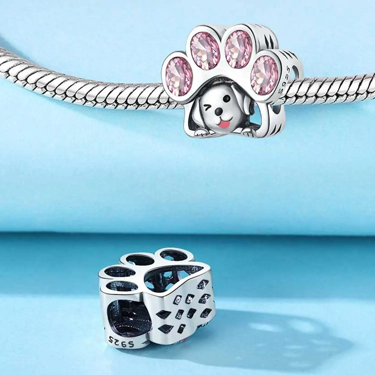 New Silver 925 Cute Animals Charm Love Pet Cat Claw Beads Heart Pink Zircon Hollow-carved Diy Original Bracelet for Women Gift