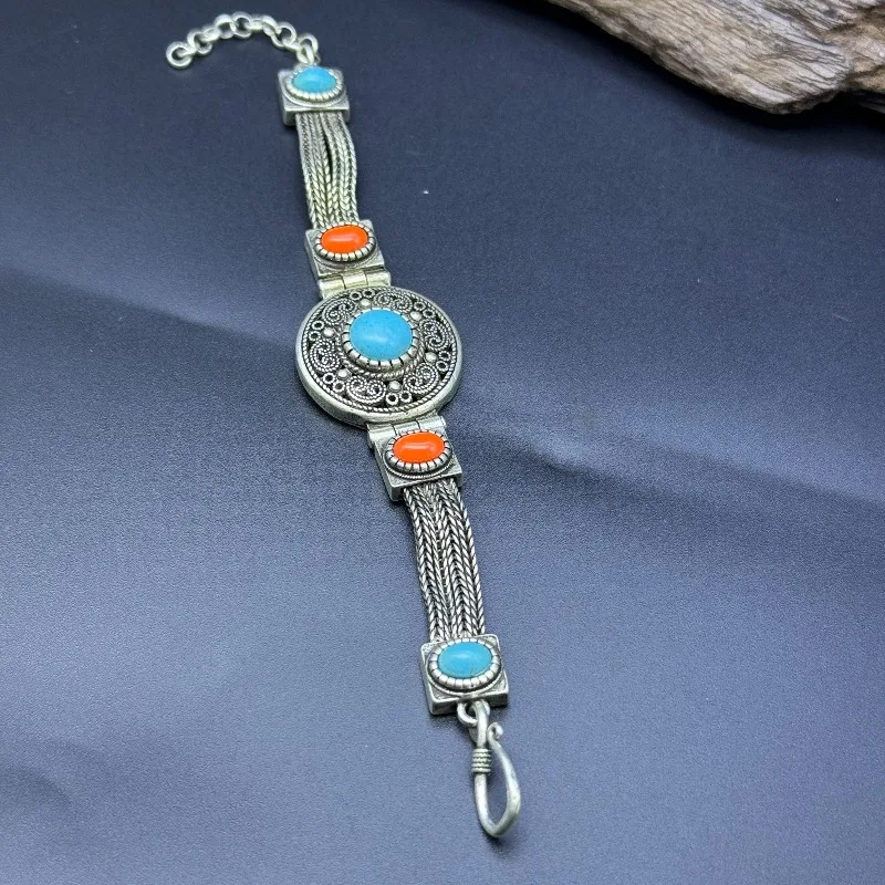 Vintage Tibetan Silver Bracelet, Turquoise & Red Coral Inlay Multi-strand Chain Ethnic Boho Women Wrist Jewelry