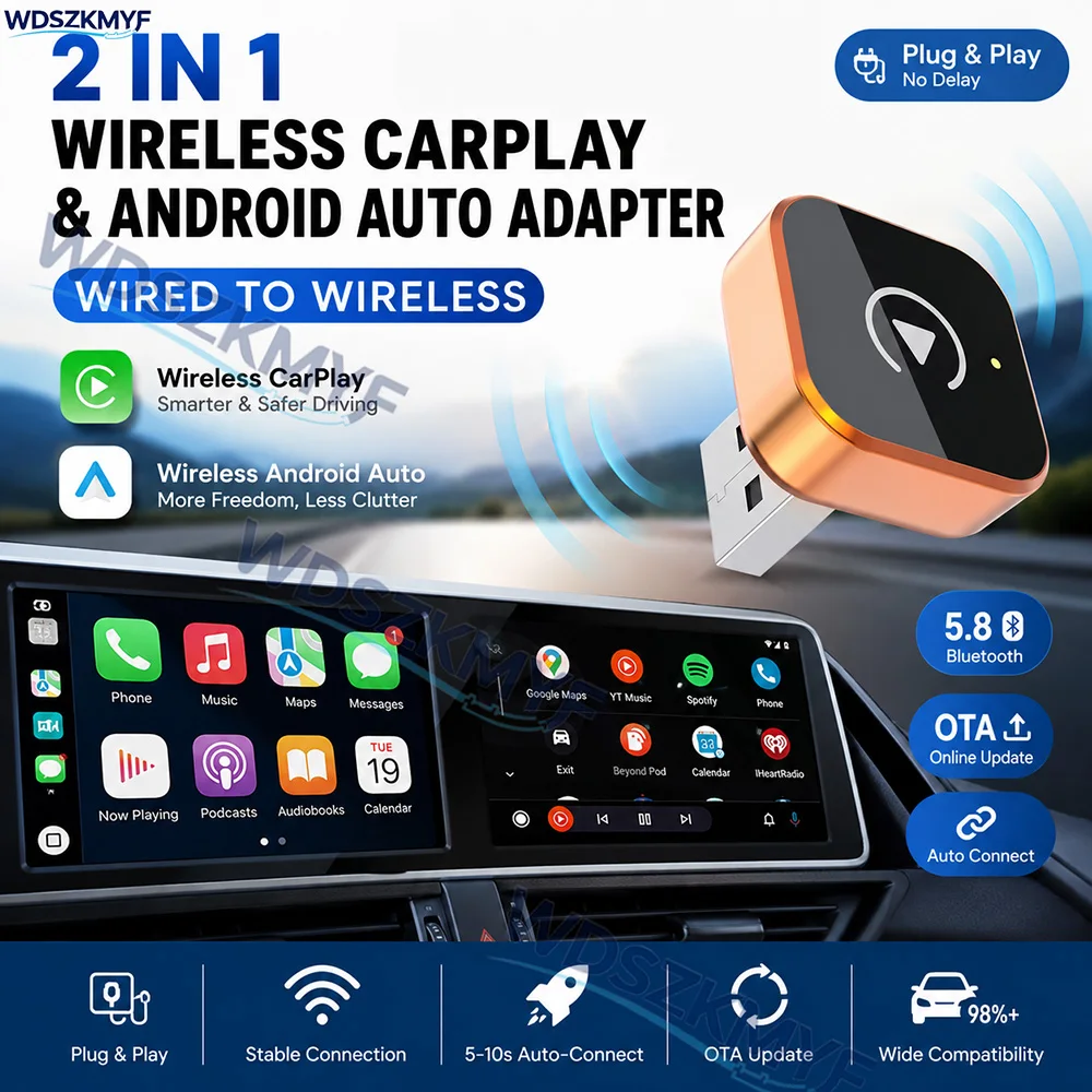 

2026NEW 2 In 1 Wireless Carplay AI Box Android Auto Plug & Play Wifi Bluetooth Connectio For OEM Car Wired Carplay & AA System