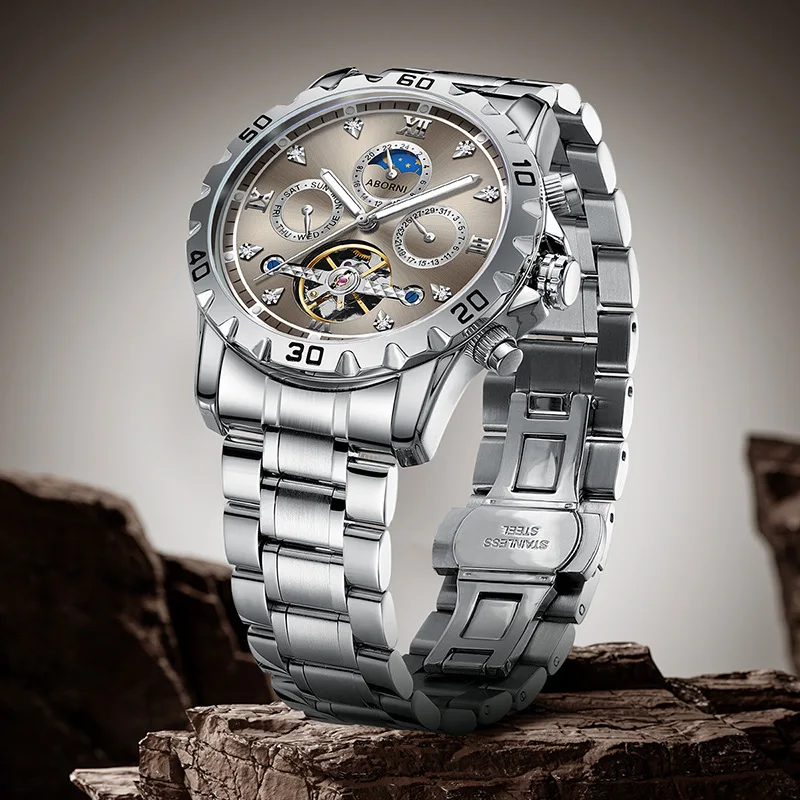 Reloj mecánico Tourbillon a la moda para hombre, reloj luminoso de acero inoxidable con fecha, semana, fase lunar, reloj hueco automático de lujo para hombre