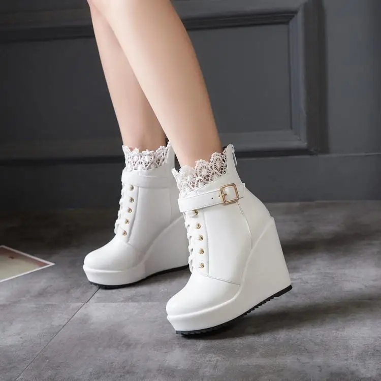 

Sexy Winter Buckle Classic high Wedges Platform Ankle boots for Women Lace Up White Black High Heel Ladies Shoes Boots Large siz