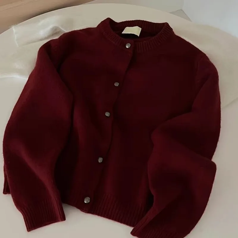Lazy Retro Women Autumn Cherry Red Knit Cardigan Round Neck Button Soft Angora Wool Knitwear Sweater Coat