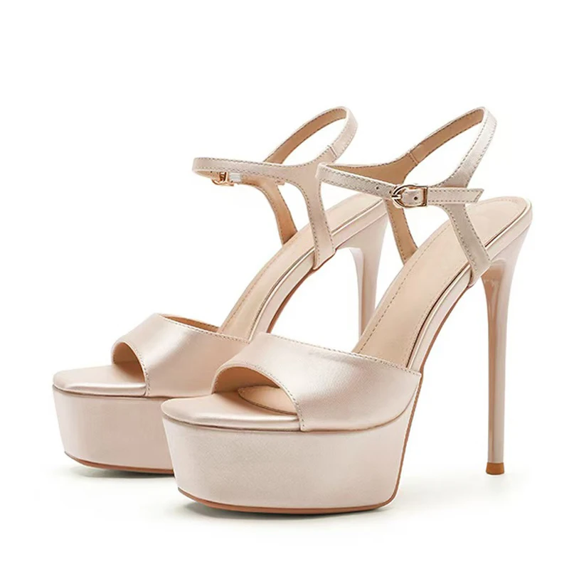 Novelty Satin Ultra High Platform Sandals Women Elegant Designer Pumps Female Sexy Open Toe Ankle Strap Evening Heels for Ladies