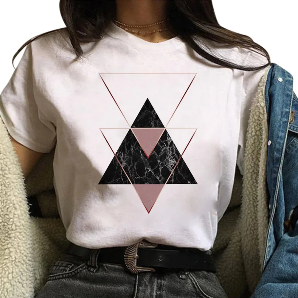 E25 bella geometria stampata T-shirt grafica top Tee carino manica corta magliette femminili