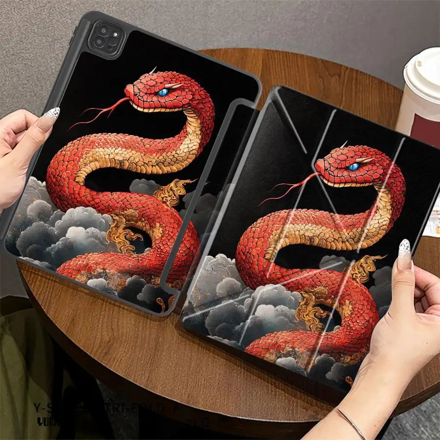 

Чехол для планшета iPad Pro 2025 Mini 6 7 Pro 11-го 10-го 9-го 8-го 7-го поколений 12.9 дюймов Air 4 5 M3 M2 1 2 M4 11 дюймов с подставкой, красный, с рисунком змеи