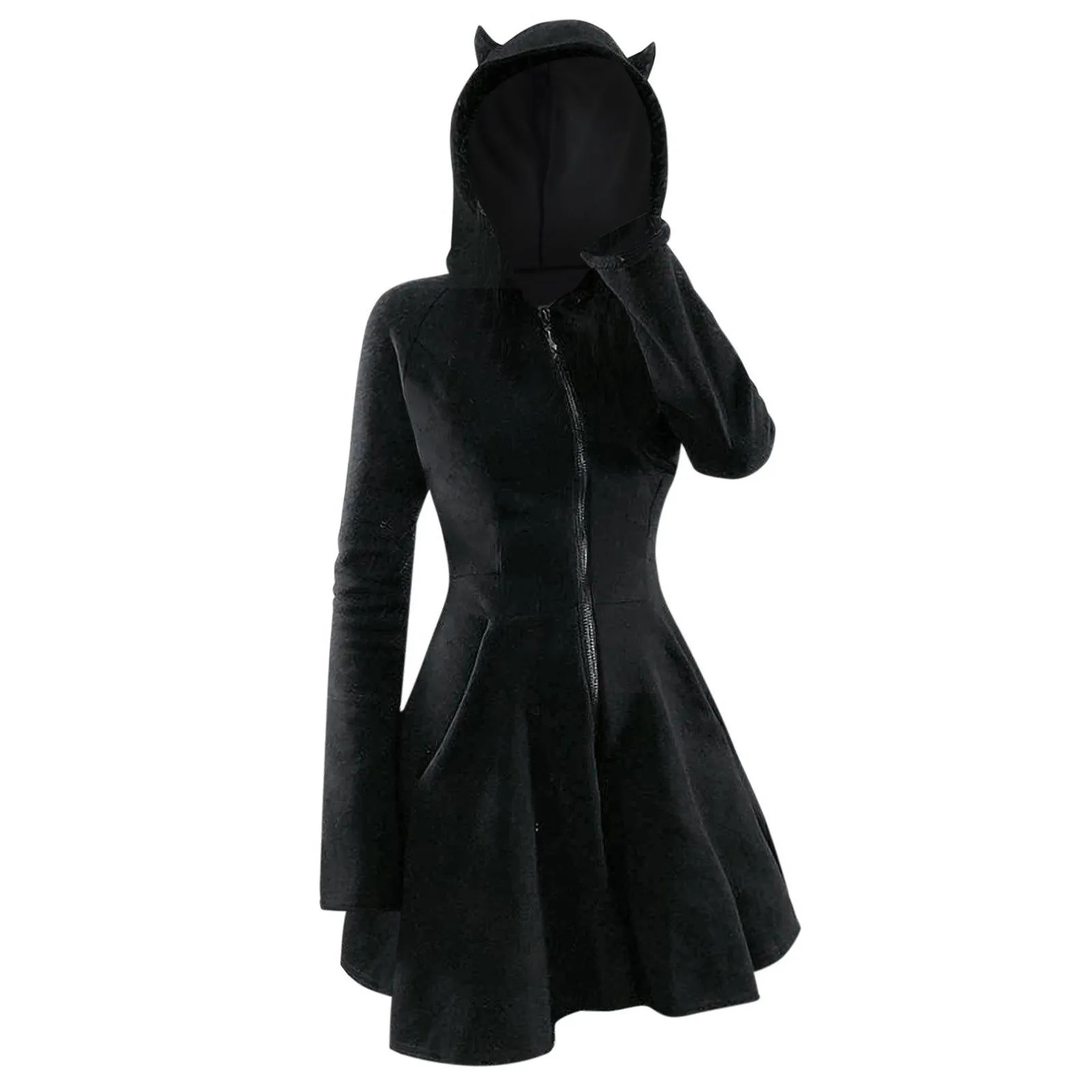 Women's Goth Slim-Fit Hooded Long-Sleeved Cute Cat-Ear Dress Vintage Solid Black Black Zipper Dresses Aurumn New Short Vestidos