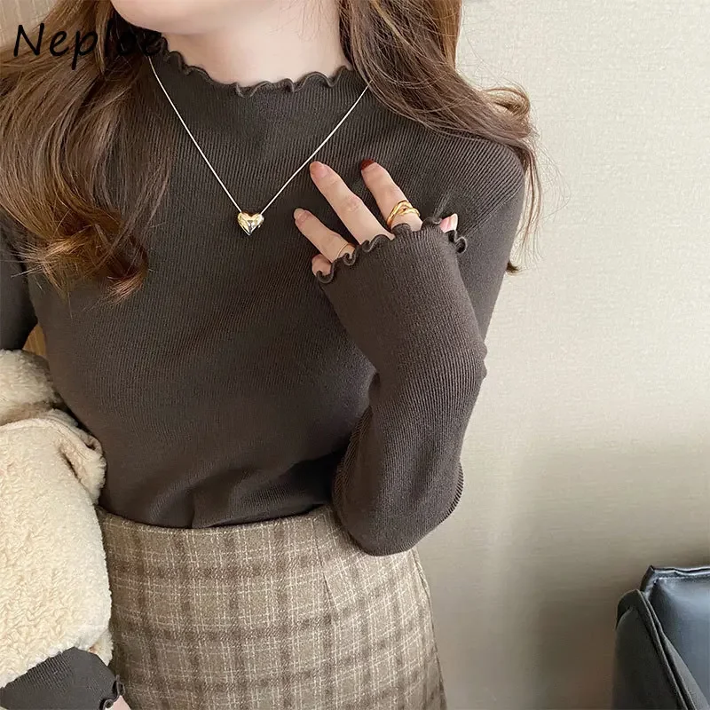 Neploe Turtleneck Fungus Edge Long Sleeve Knitted Korean Chic Simple All-match Pullover Solid Color Design Sense Slim Sweater