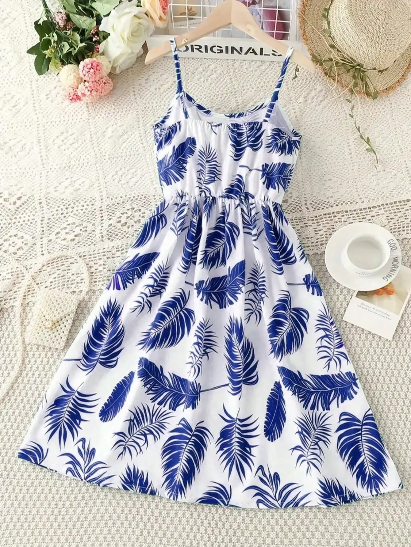 Children's Clothing Summer Casual Elegant Vacation Style Leaf Print Sleeveless Knee Length Jumpsuit Beach Skirt Long Skirt