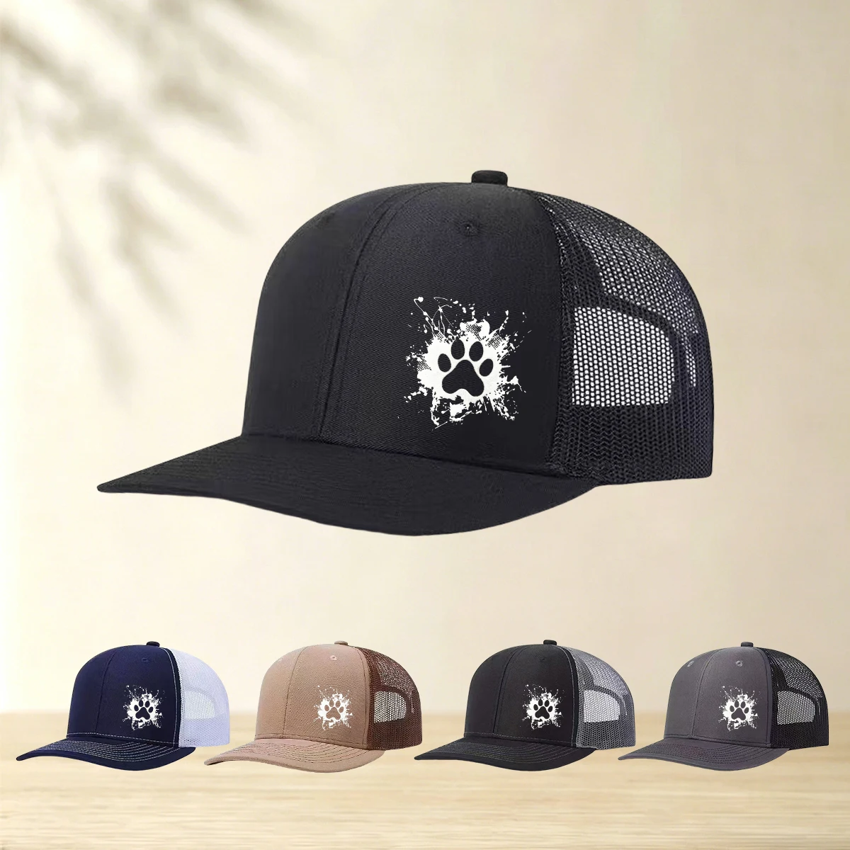 1 piece of graffiti splatter paw print truck cap, retro mesh baseball cap, street style, adjustable snap button for daily use