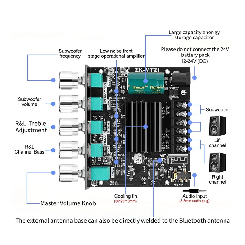 Bluetooth Power Amplifier Board 2.1 Channels 50W*2+100W Audio Module with Hi-Fi High/Low Bass Dual Control Kt ZK-TB21