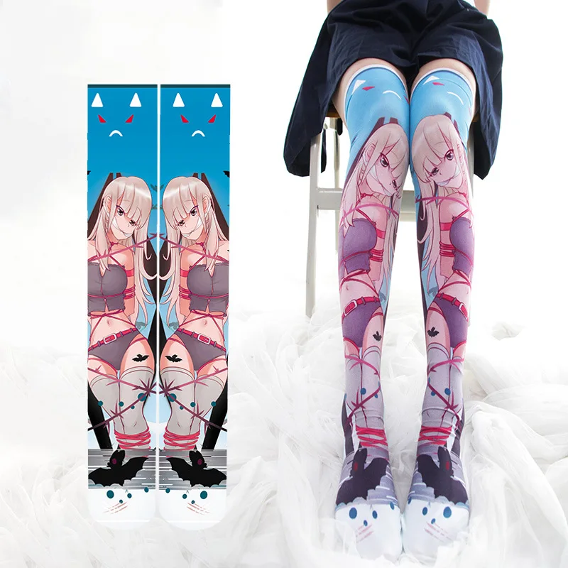 Horror Cross Printed Lolita Socks For Women Punk Anime Girl Cosplay Velvet Over Knee Sock Thigh High Halloween Stockings