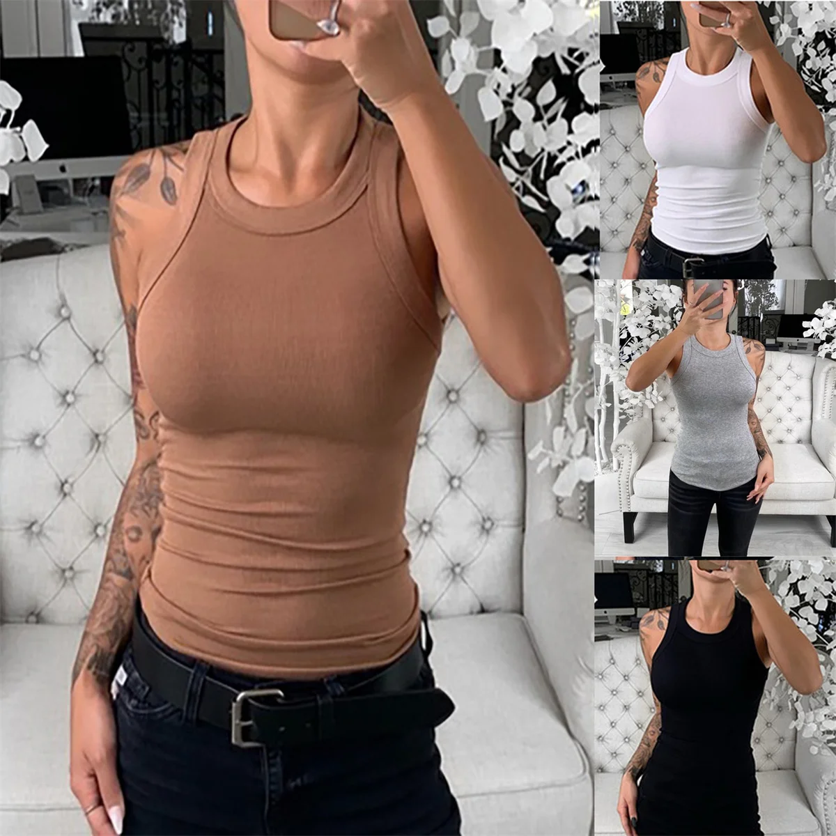 Solidny damski okrągły dekolt prążkowany podkoszulek prosty, modny damski, podstawowy, elastyczny podkoszulek z dekoltem w jednolity Tank Top Retro
