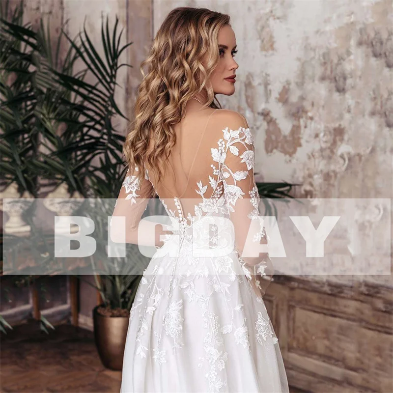 Elegante abito da sposa a-line da donna aperto sul retro con scollo a V in pizzo manica lunga spacco laterale abito da sposa in tulle abiti da noiva personalizzati